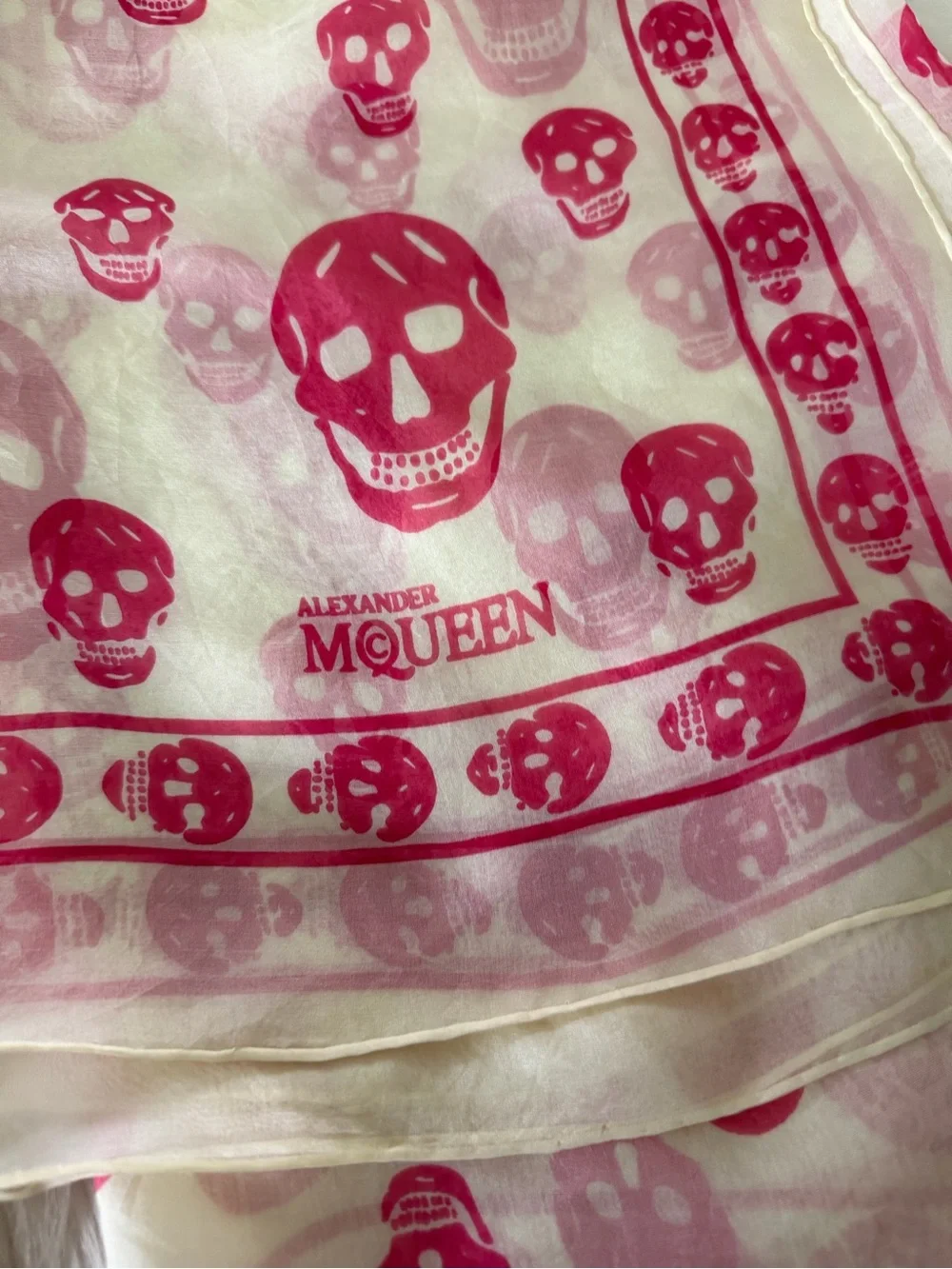 Alexander McQueen Sheer Pink Skull Print Wrap Silk Scarf.